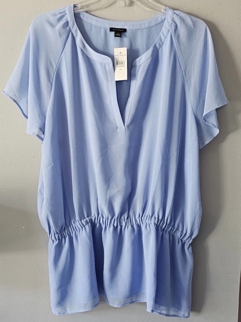 NWT Ann Taylor Tunic Top Blouse Women's Size XL Blue Split Neck  Chiffon Blouson